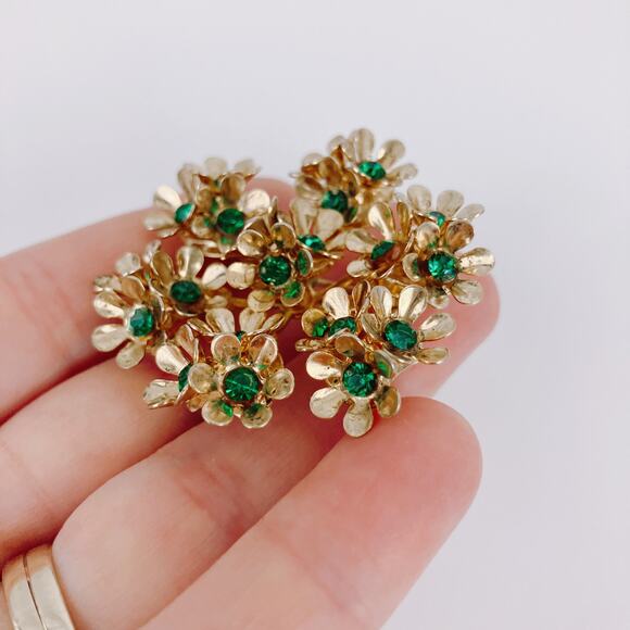 Vintage Signed Coro 1950s Brooch Green Rhinestone Floral Gold Tone Pin Sparkly - Picture 7 of 11
